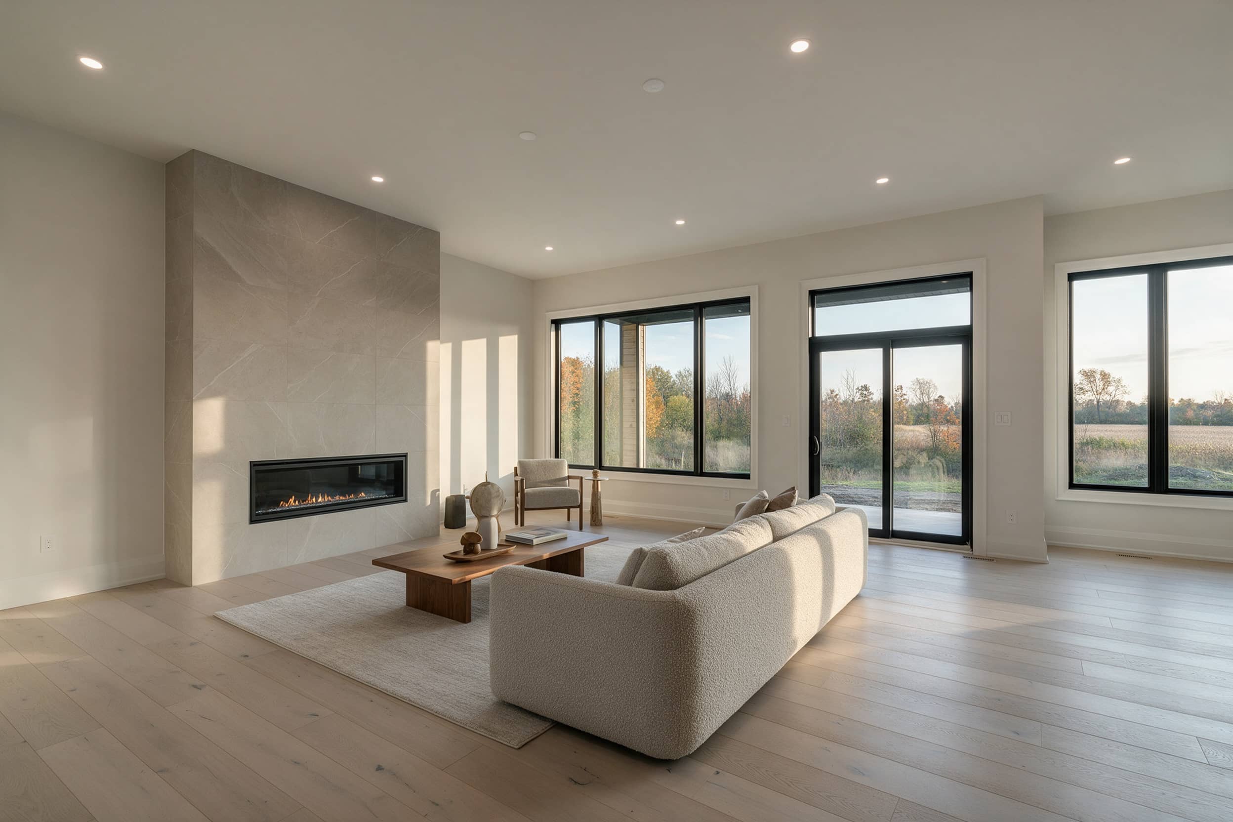 Great room with linear fireplace and large windows