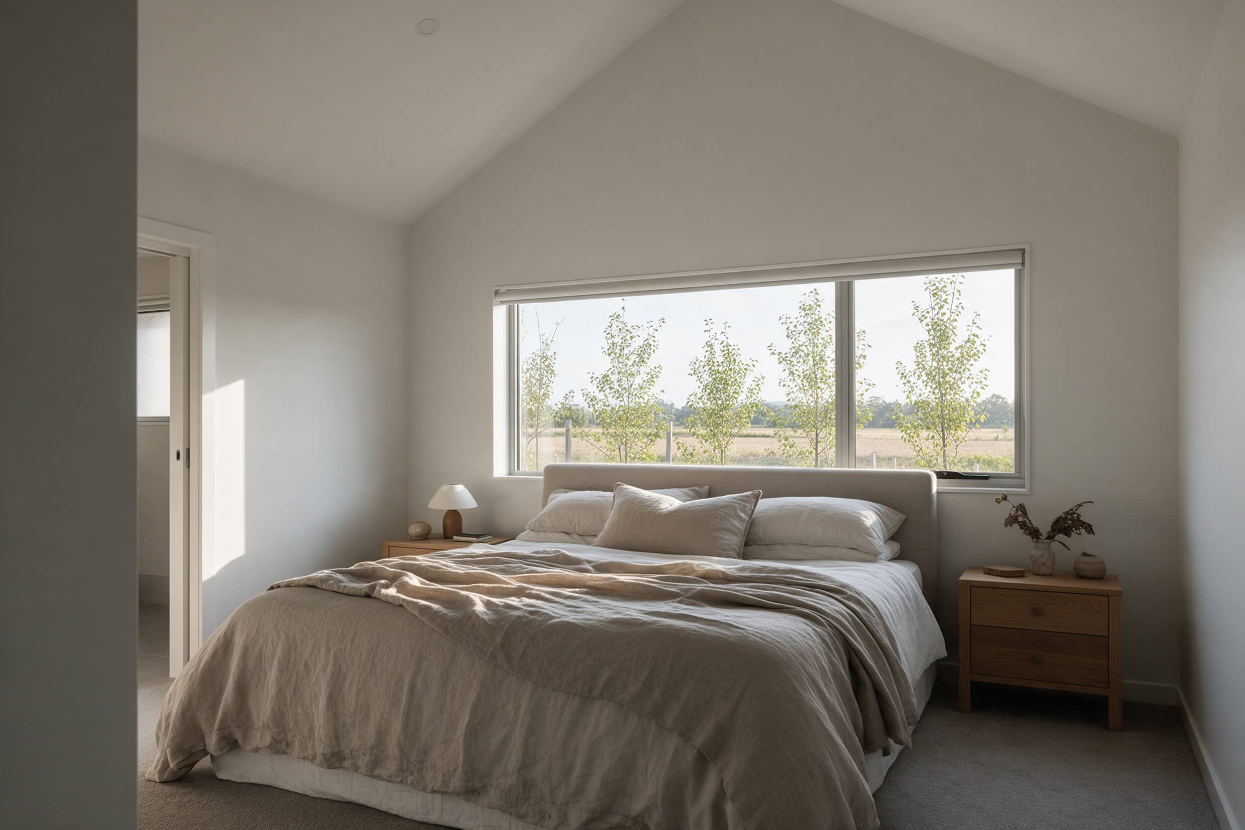 Primary bedroom with vaulted ceiling and window over fields