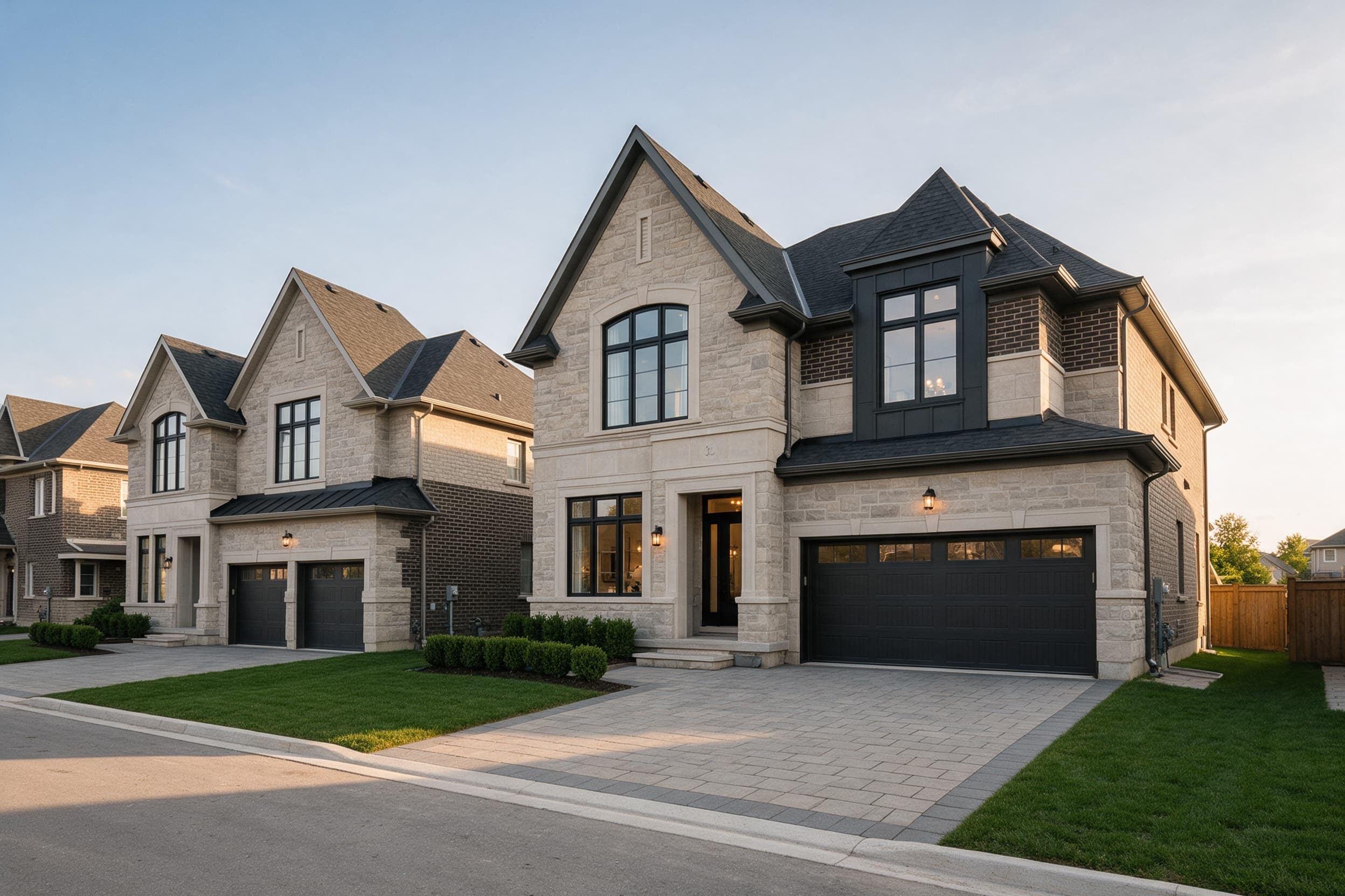 Stone and brick detached homes in Mayfield West at golden hour