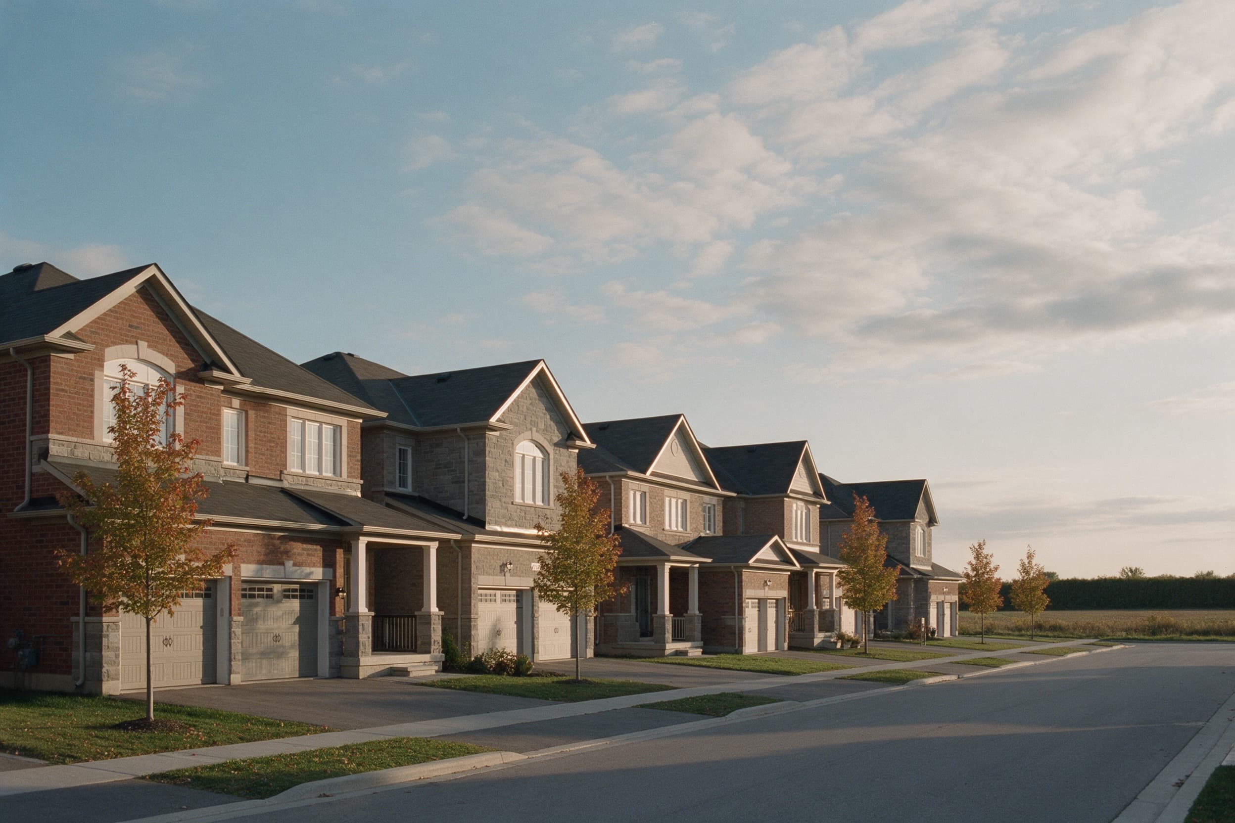 New detached homes at the northwest edge of Brampton with fields beyond