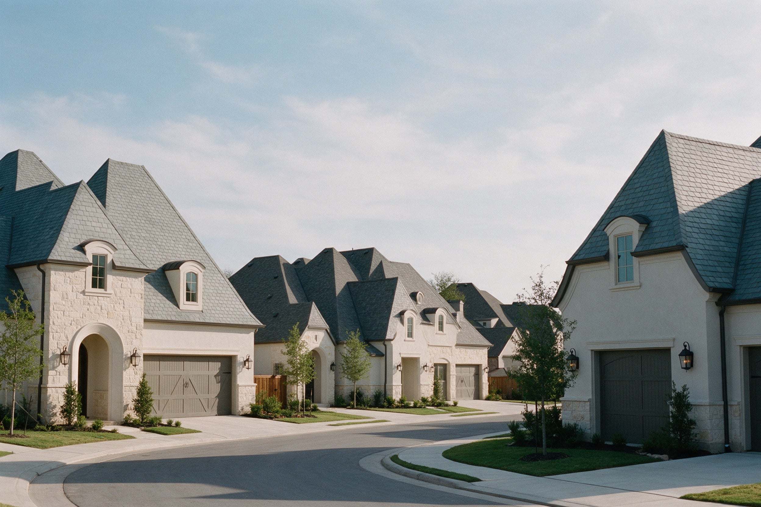 French-country-inspired detached homes with slate-grey roofs
