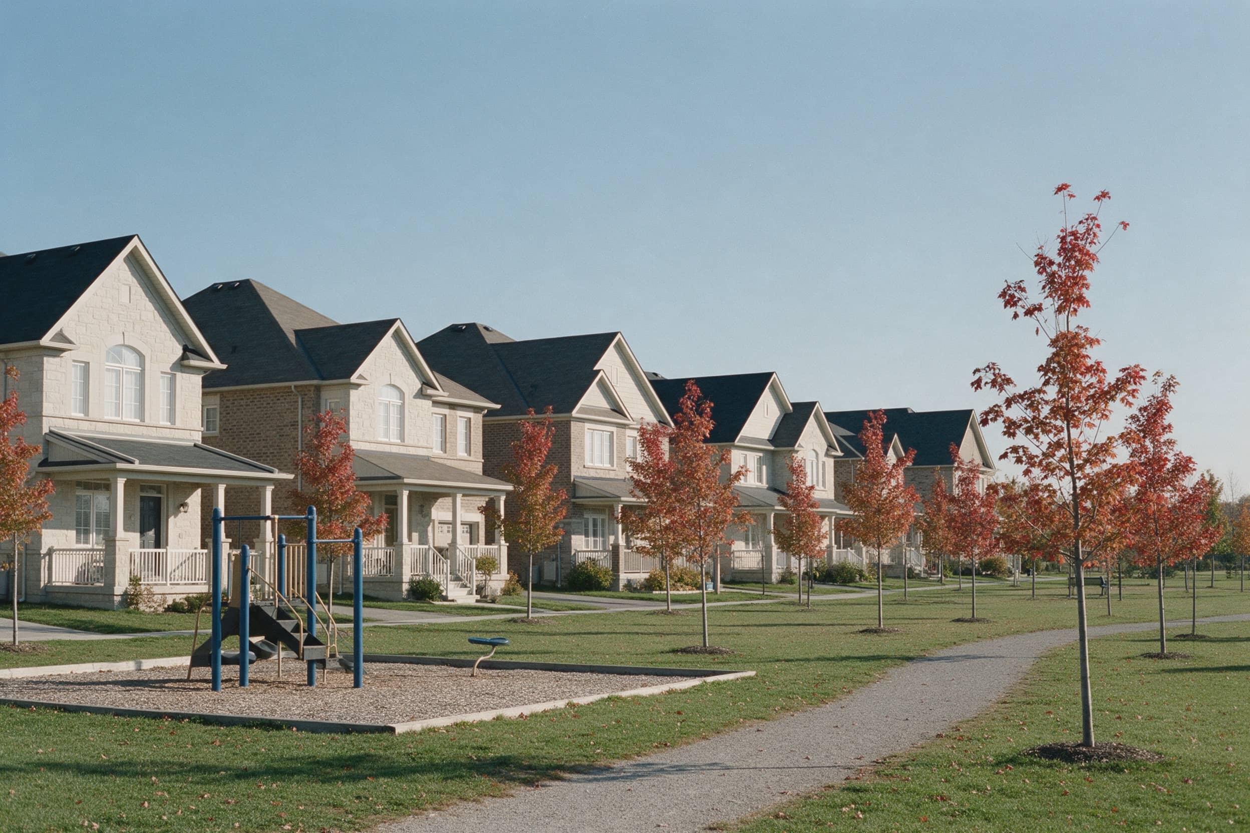 New detached homes facing a neighbourhood park in autumn