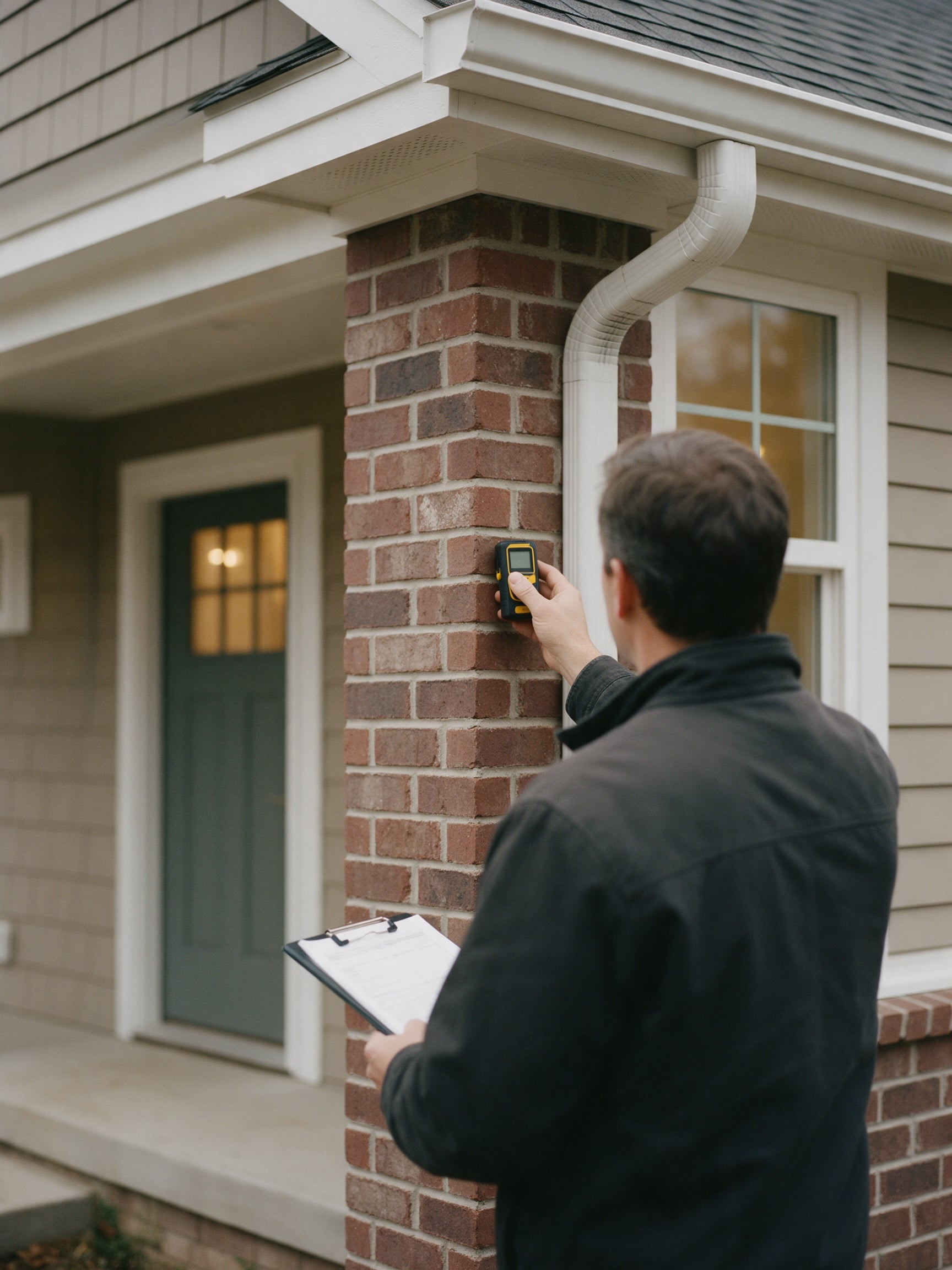 An appraiser measuring the exterior of a newly finished brick home