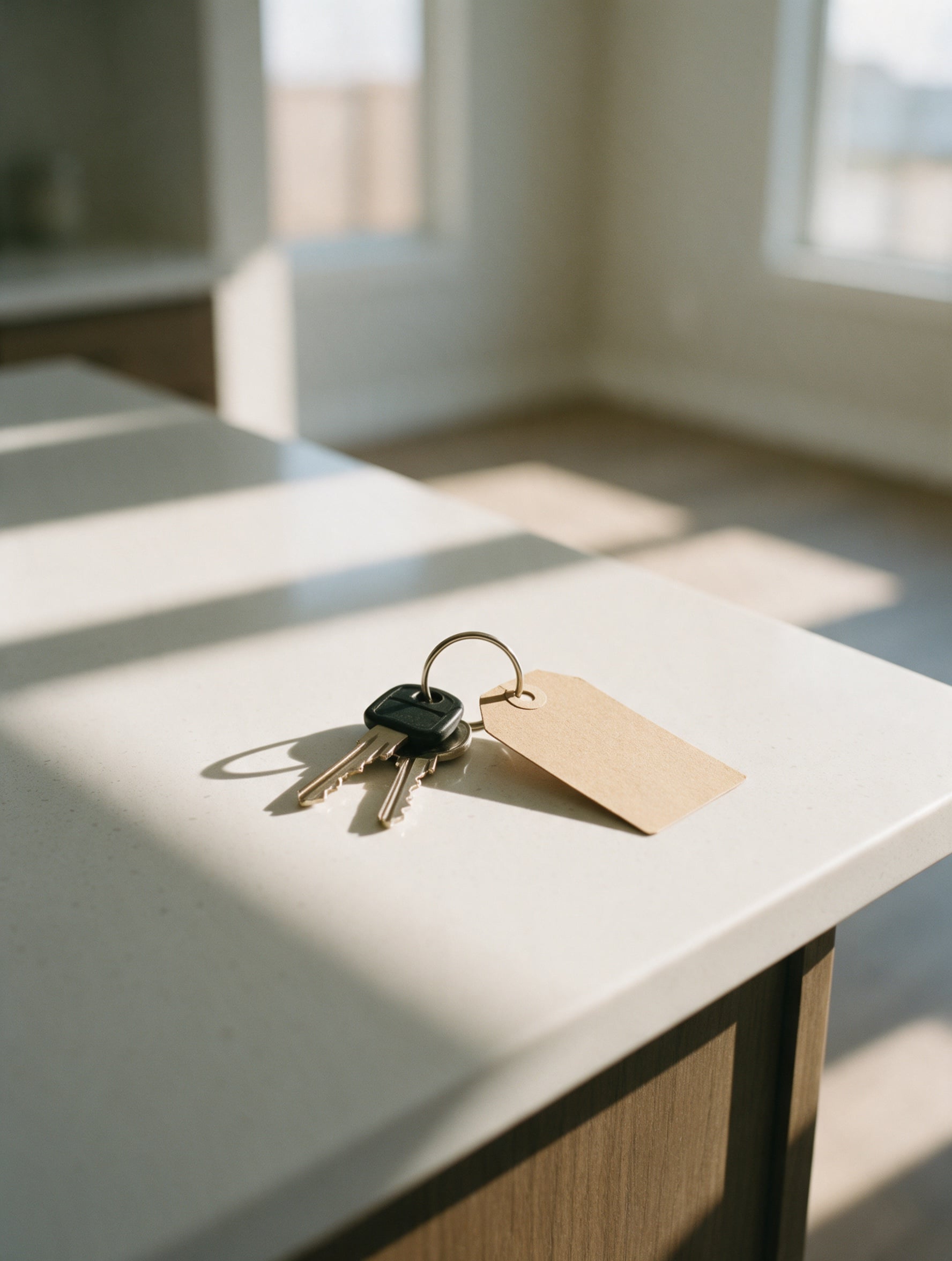 New house keys on a quartz kitchen island