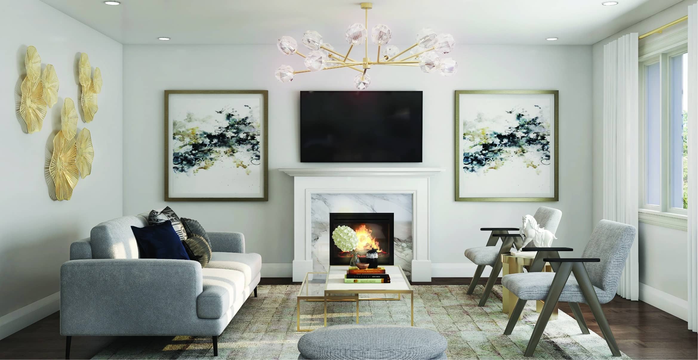Great room with marble-surround fireplace and grey sofa