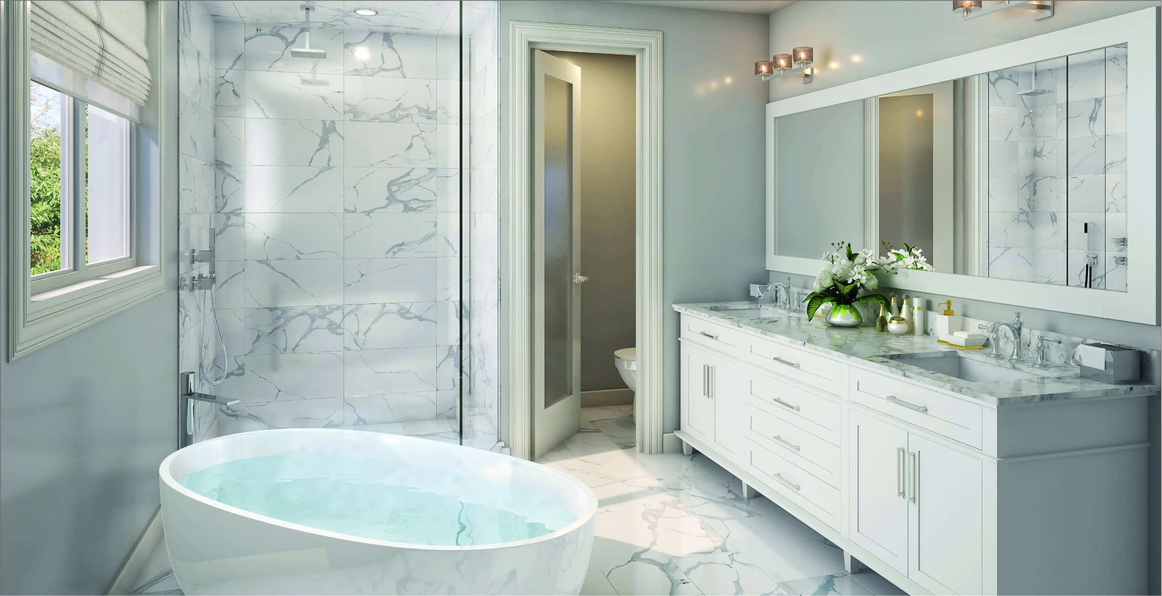 Primary ensuite with freestanding tub, glass shower and double vanity