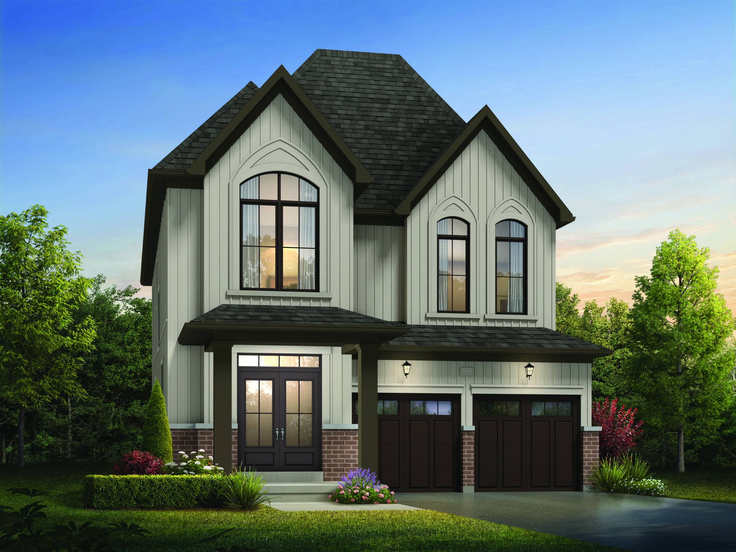 Detached home with a dark gable roof