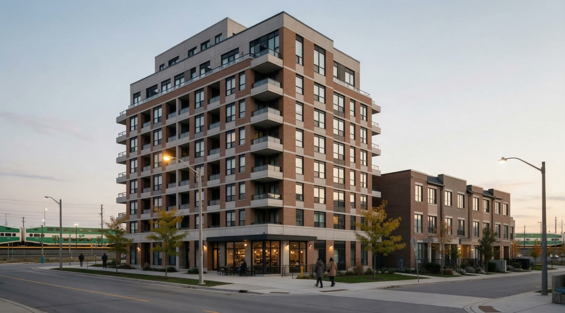 A brick mid-rise condominium and townhomes beside a GO train platform at dusk