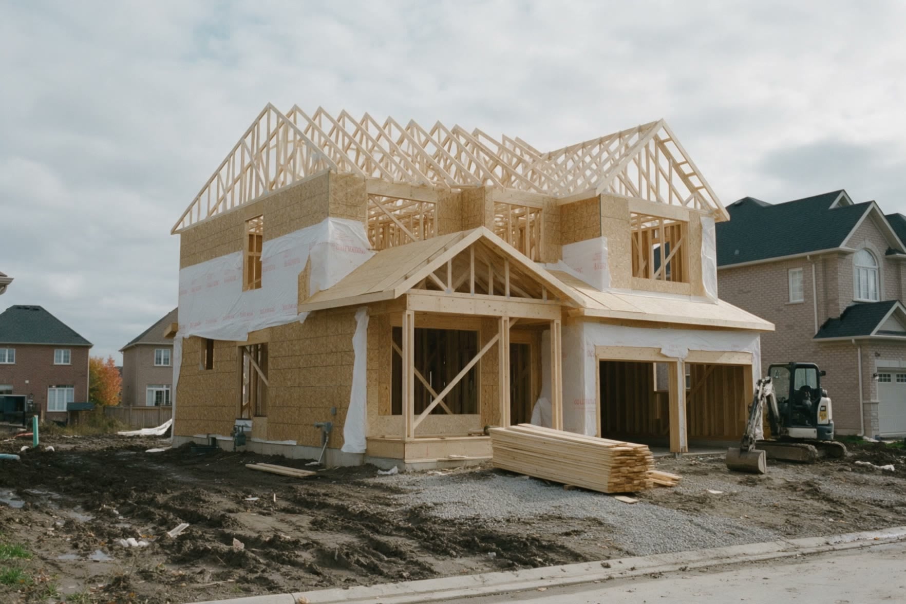 A new two-storey house in wood framing beside finished brick homes
